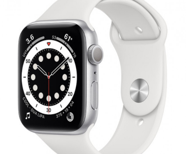 Carcasă din aluminiu argintiu GPS Apple Watch 6 de 44 mm cu. Bandă sport albă (M00D3) folosită
